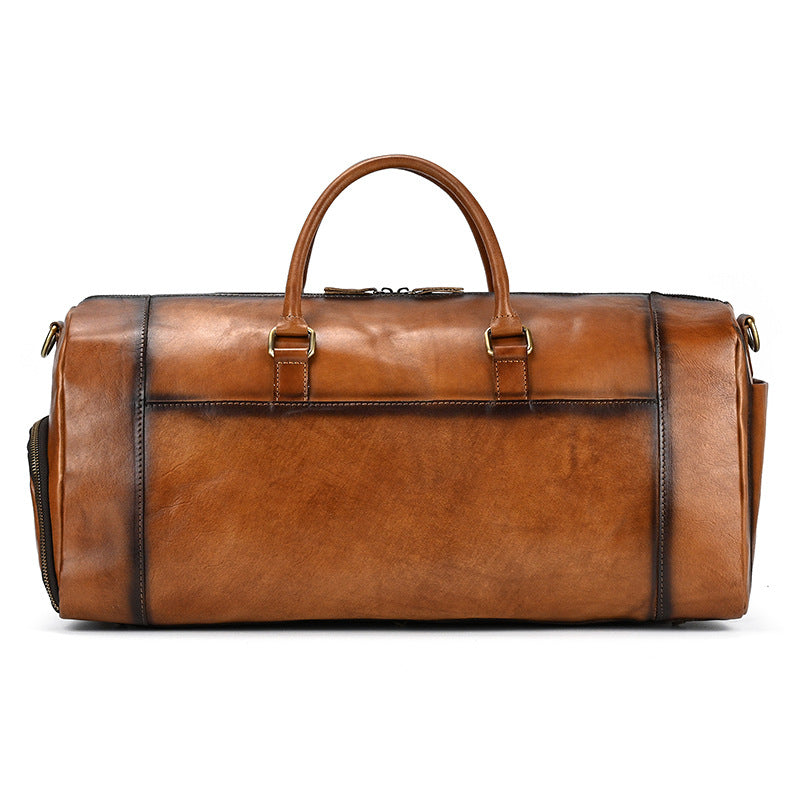 Vintage Burnished Leather Travel Duffle with Shoe Compartment, Large Capacity Gym Weekender, Fashionable Cowhide Luggage Bag for Men