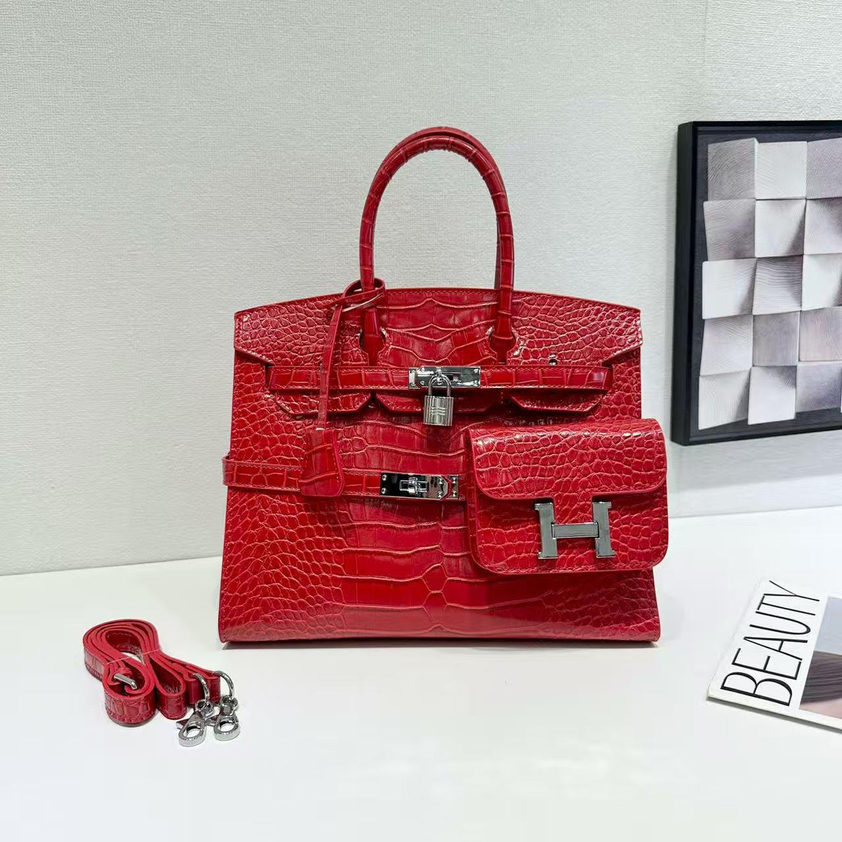 Chic Croc-Embossed Birkin-Inspired Tote Bag for Women, Premium Genuine Leather Large Capacity Top-Handle Crossbody Shoulder Handbag with Light Luxury Style, Everyday Purse