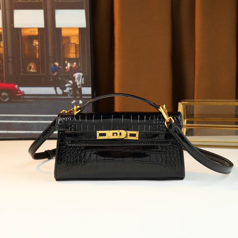 Chic Korean Style Light Luxury Croc-Effect Kelly-Inspired Handbag for Women, A Small Exquisite Top-Handle Bag with Turn-Lock Design & Premium Feel