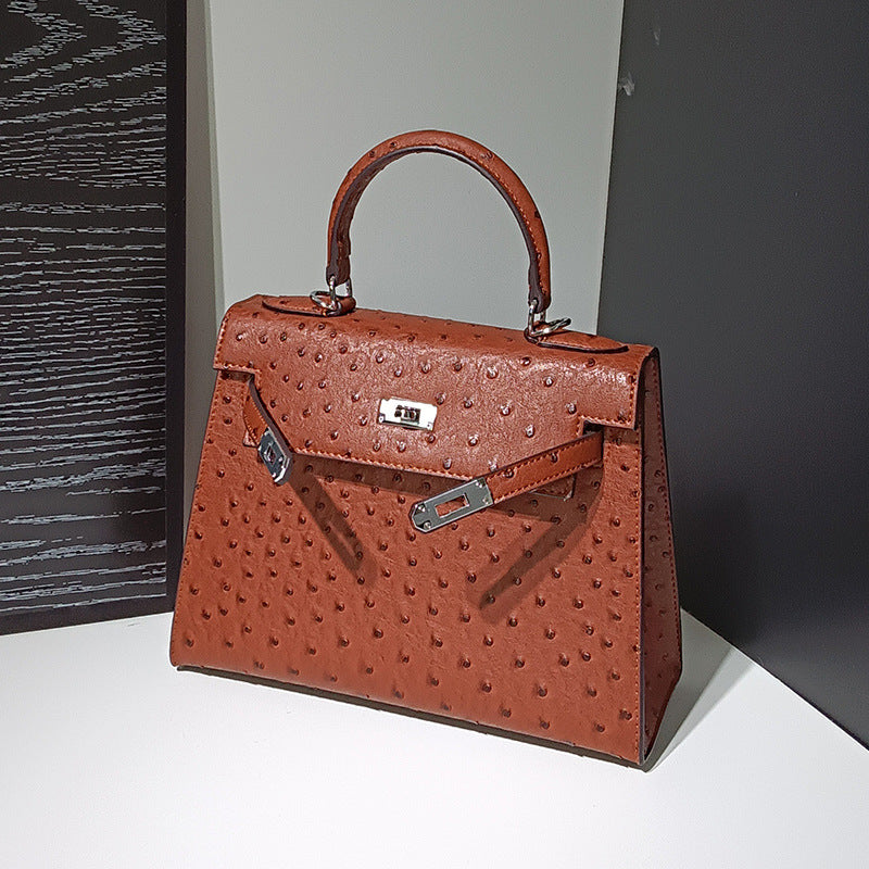 Genuine Leather Ostrich-Embossed Kelly-Style Bag for Women, New Spring Summer Premium Shoulder Crossbody Top Handle Purse, Fashionable Versatile Handbag for Ladies