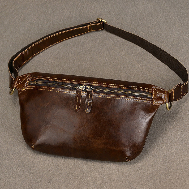 Large Capacity Vintage Oil Leather Waist Chest Bag, Top Layer Cowhide Crossbody Shoulder Pack, Casual Travel Bag for Men