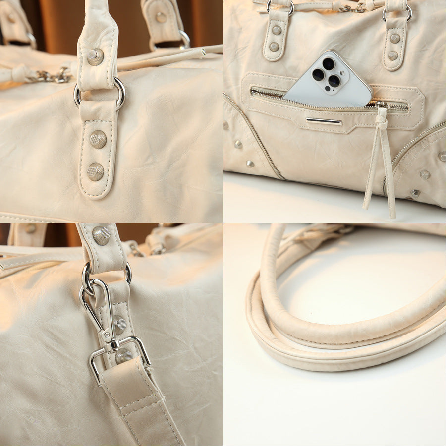 Vintage Studded Biker Tote Bag for Women Large Capacity Distressed Shoulder Crossbody Handbag, Versatile Travel Purse with Edgy Hardware Accents