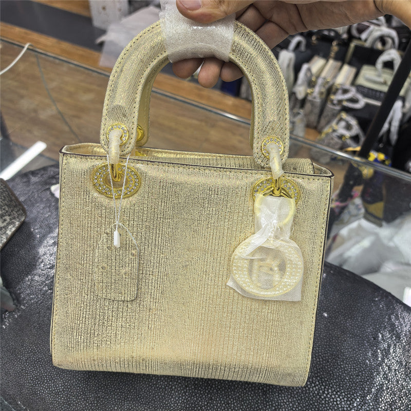 Genuine Gold Ostrich Leather Tote Bag for Women Large Capacity Shoulder Crossbody Handbag, Diamond Buckle Purse with Luxurious Texture