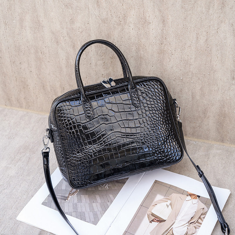 Genuine Leather Crocodile-Embossed Boston Bag for Women, New Stylish Large Capacity Commute Top Handle Crossbody Purse, Versatile Handbag for Ladies