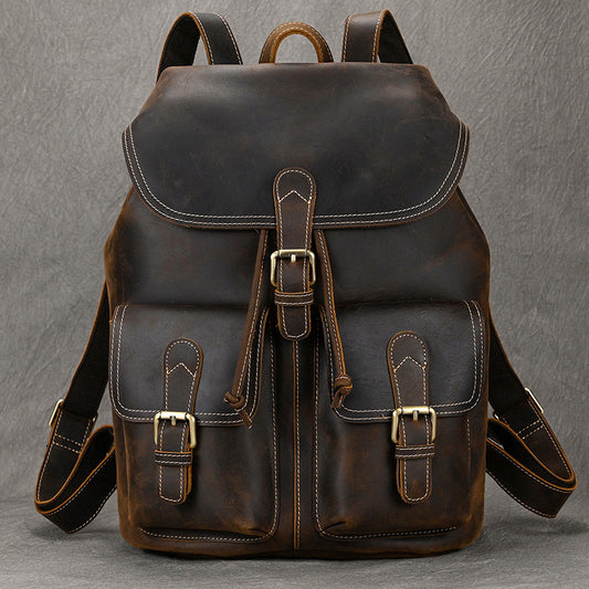 Flap Design 15-Inch Vintage Crazy Horse Leather Backpack, Unique Travel Daypack, Premium Top Layer Cowhide Bag for Men and Women