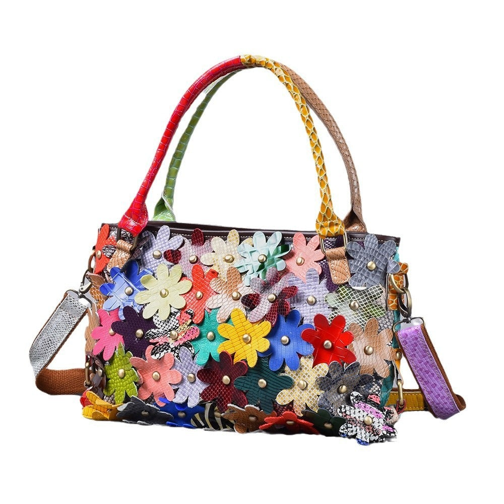 Premium Handcrafted Genuine Leather Bag for Women | Snakeskin Floral Color-Block Design with Trendy Rivet Accents | Unique Statement Shoulder Top-Handle Handbag with Artistic Flair | Versatile Purse for Work, Errands, Travel & Everyday Chic