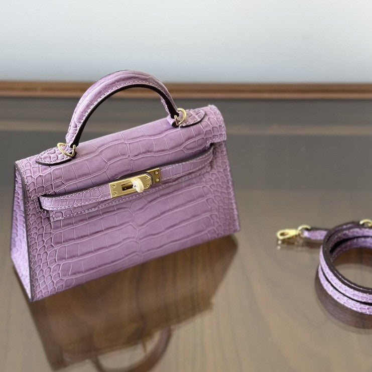 Genuine Leather High-Gloss Crocodile-Embossed Kelly-Style Bag for Women, New 2nd Gen Mini Top Handle Shoulder Purse, Premium Handbag for Ladies
