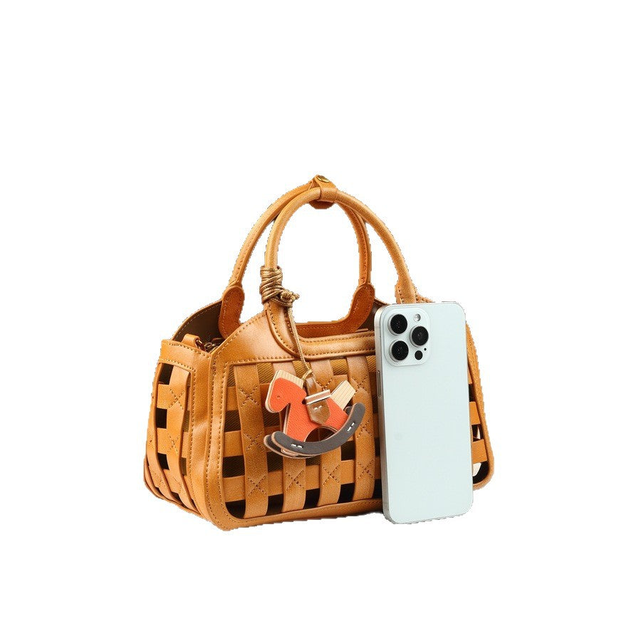 Woven Hollow Small Bucket Bag Set for Women Summer Commuter Purse with Horse Keychain & Detachable Pouch, Exquisite Going-Out Handbag with Artisan Design