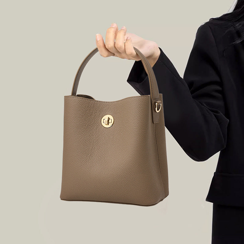 Genuine Leather Bucket Bag for Women, New Crossbody Shoulder Top Handle Purse, Versatile Commute Handbag for Ladies