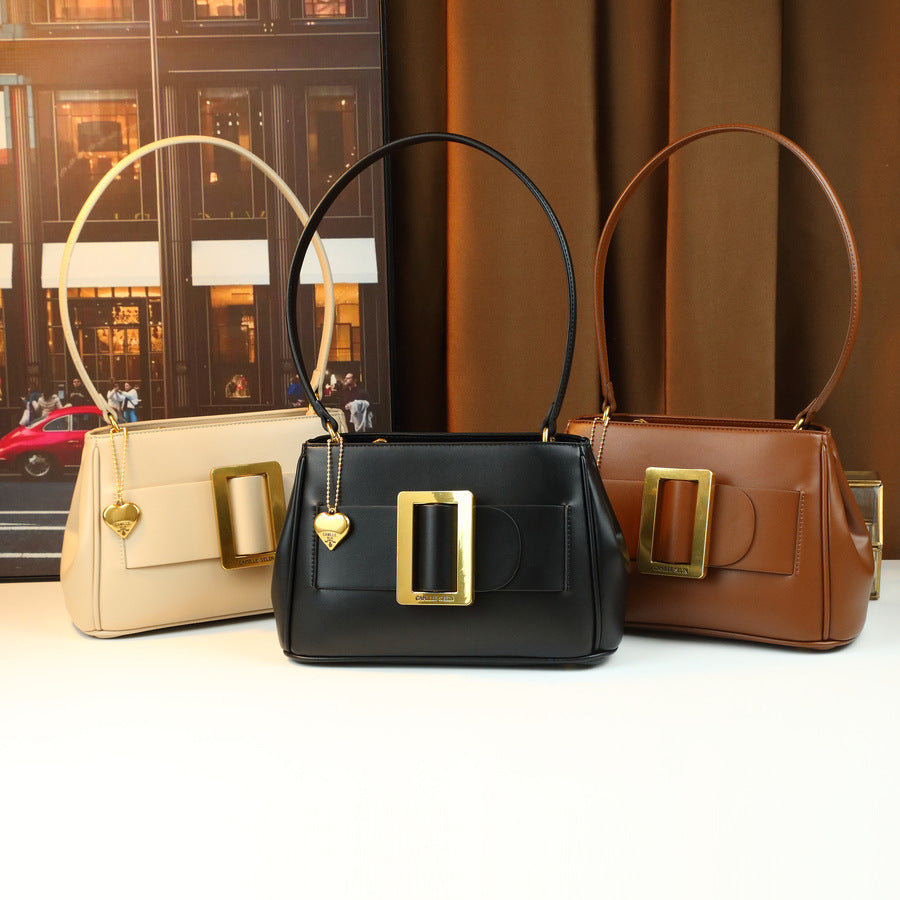 Vintage Metal Square Buckle Underarm Bag for Women with Heart Charm, Premium Shoulder Crossbody Purse with Versatile Commuter Style