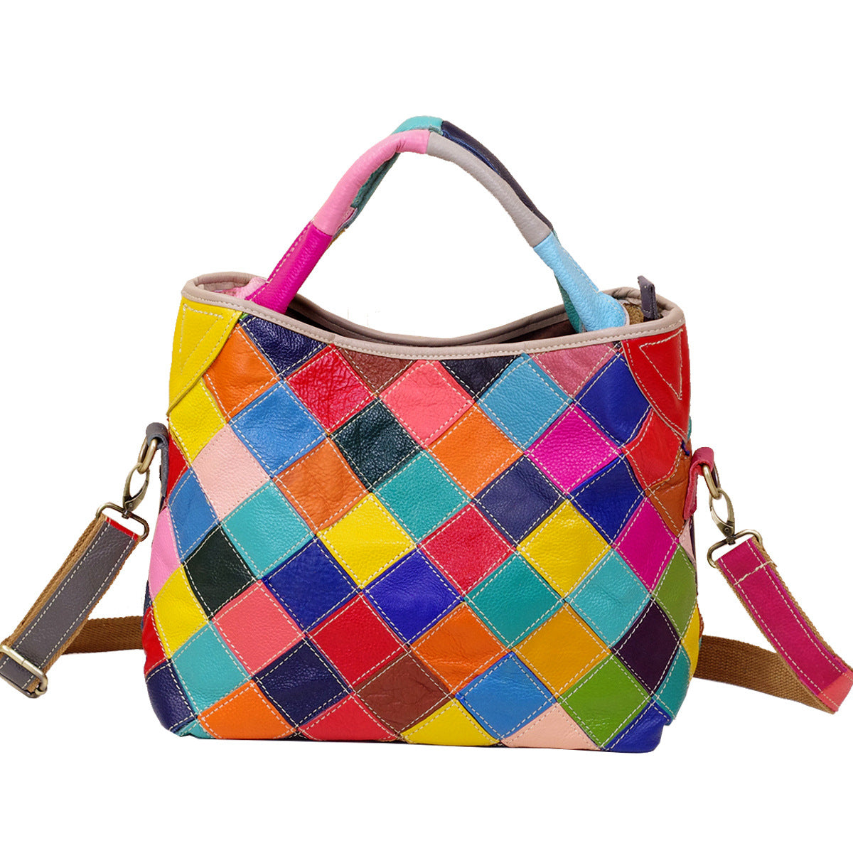 Premium Top-Layer Cowhide Leather Quilted Tote for Women | Ethnic-Inspired Color-Block Handbag with Unique Artistic Flair | Versatile Shoulder Top-Handle Bag with Trendy Bohemian Style | Statement Everyday Carryall with Vibrant Contrast Stitching & S