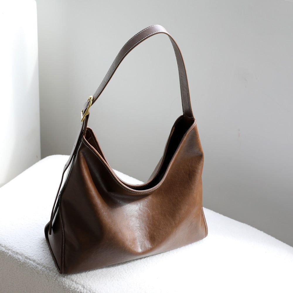 Vegetable-Tanned Cowhide Tote Bag for Women Vintage Large Capacity Commuter Shoulder Handbag, Niche Leather Purse with Natural Patina