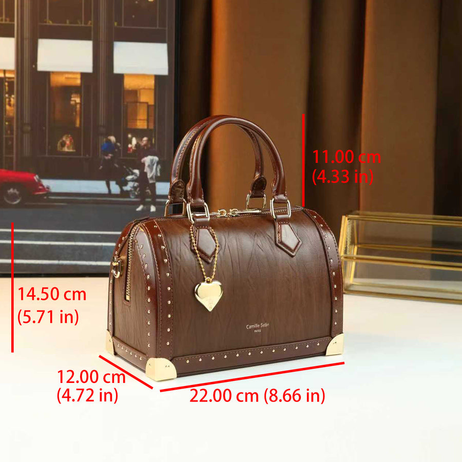 Stud Embellished Boston Bag for Women Vintage Modern Shoulder Crossbody Purse, Versatile Top Handle Handbag with Statement Hardware Accents
