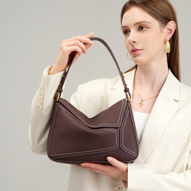 Genuine Top Layer Cowhide Geometric Handbag for Women, Niche Designer Crossbody Shoulder Underarm Top Handle Purse, Premium Commute Everyday Bag for Ladies