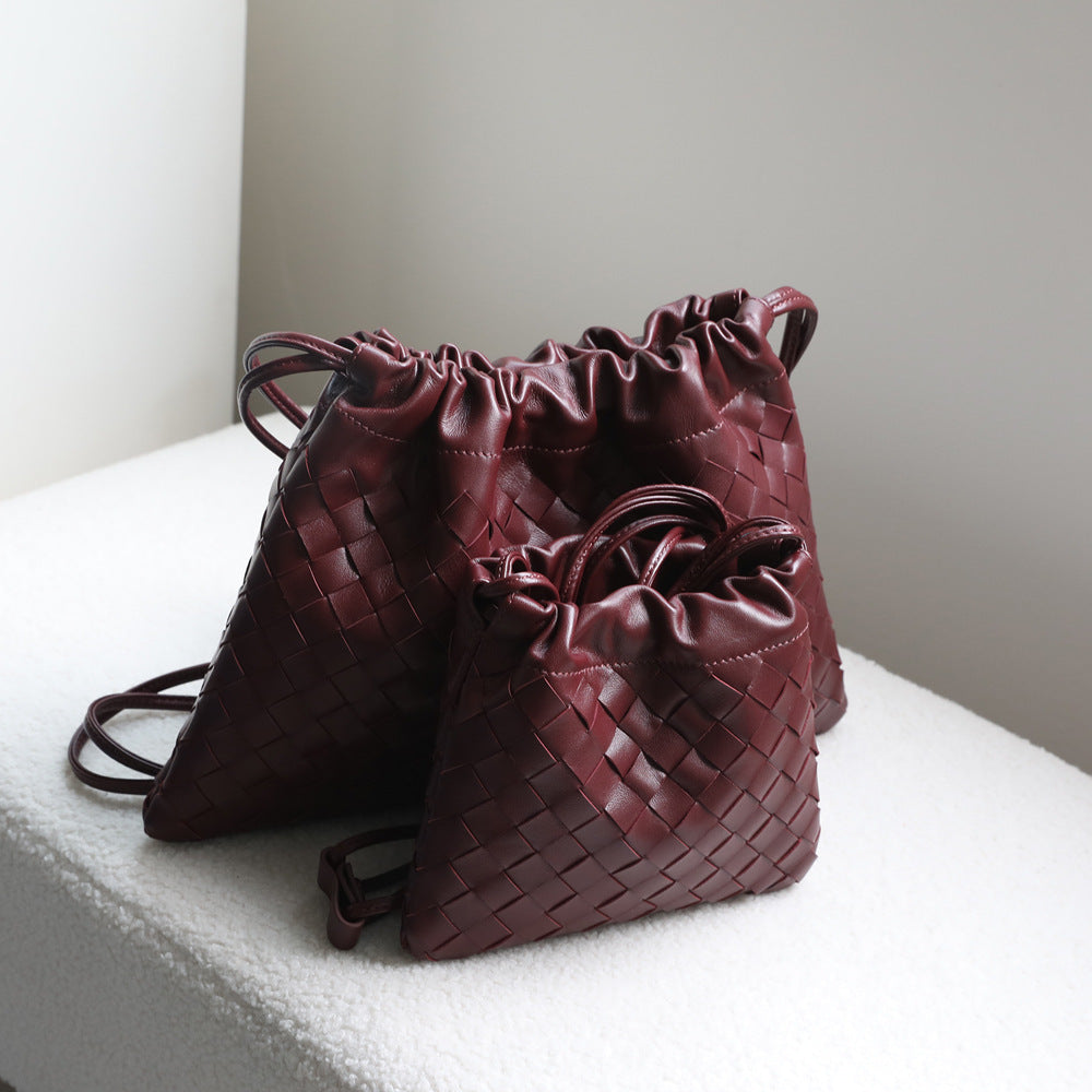Sheepskin Woven Dumpling Drawstring Bag for Women Genuine Leather Underarm Shoulder Crossbody Handbag, Versatile Purse with Soft Textured Design