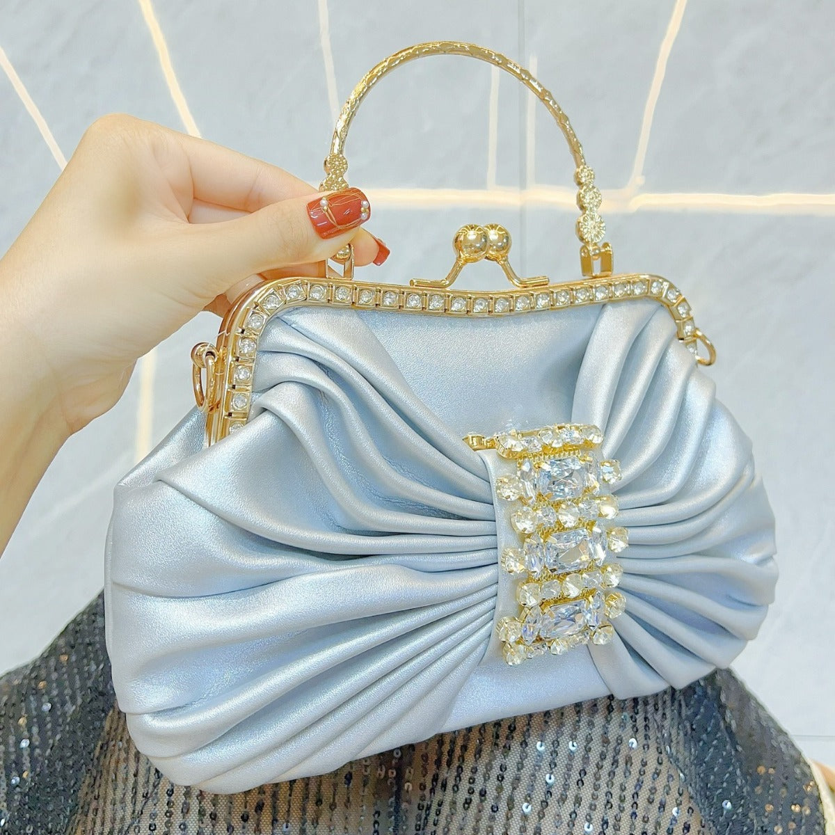 Handmade Rhinestone Kelly-Style Evening Bag for Women, French Fairy Bow Knot Banquet Purse, Sparkly Shoulder Crossbody Clutch for Ladies