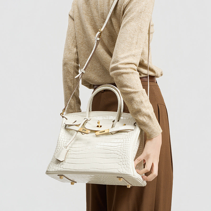 Genuine White Top Layer Cowhide Crocodile-Embossed Birkin-Style Bag for Women, Large Capacity Commute Top Handle Shoulder Purse, Premium Handbag for Ladies