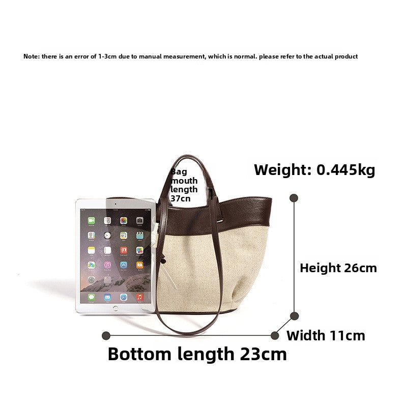 New Large Capacity Basket Bag in Linen & Cowhide, Casual Commute Shoulder Tote with Wing Top Handle, Premium Handbag for Women
