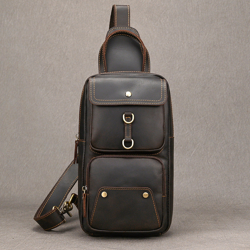 Large Capacity Crazy Horse Leather Chest Bag, Casual Crossbody Shoulder Pouch, Cowhide Bag Fits iPad for Men