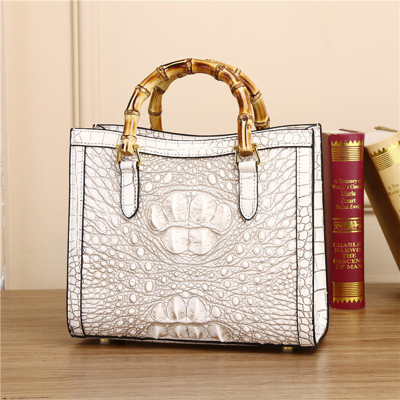 New Arrival Genuine Leather Bamboo Handle Bag for Women, A Large Capacity Shoulder Crossbody Handbag with Himalayan White Croc-Effect Finish, Perfect for Banquets & Everyday Style
