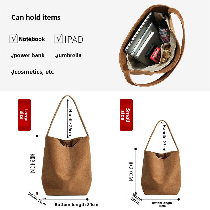 Genuine Matte Leather Bucket Bag for Women, Niche Versatile Solid Color Commute Shoulder Top Handle Purse, Premium Large Capacity Handbag for Ladies