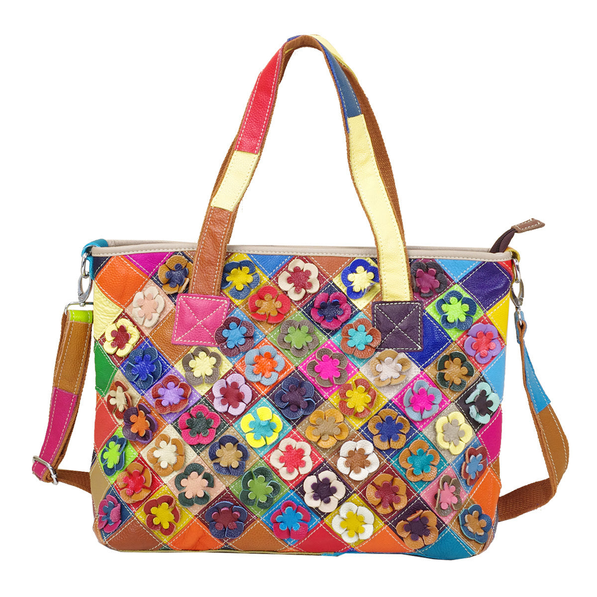 Genuine Top Layer Cowhide Ethnic Color Block Patchwork Tote Bag for Women, New Arrival Fashionable Shoulder Handbag, Trendy Bohemian Purse for Ladies