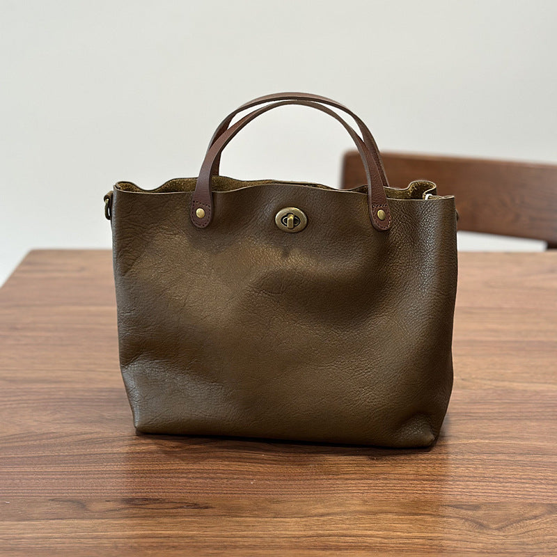 Genuine Vegetable-Tanned Cowhide Bag for Women, New Spring Summer Top Handle Shoulder Crossbody Purse, Vintage Lock Buckle Handbag for Ladies