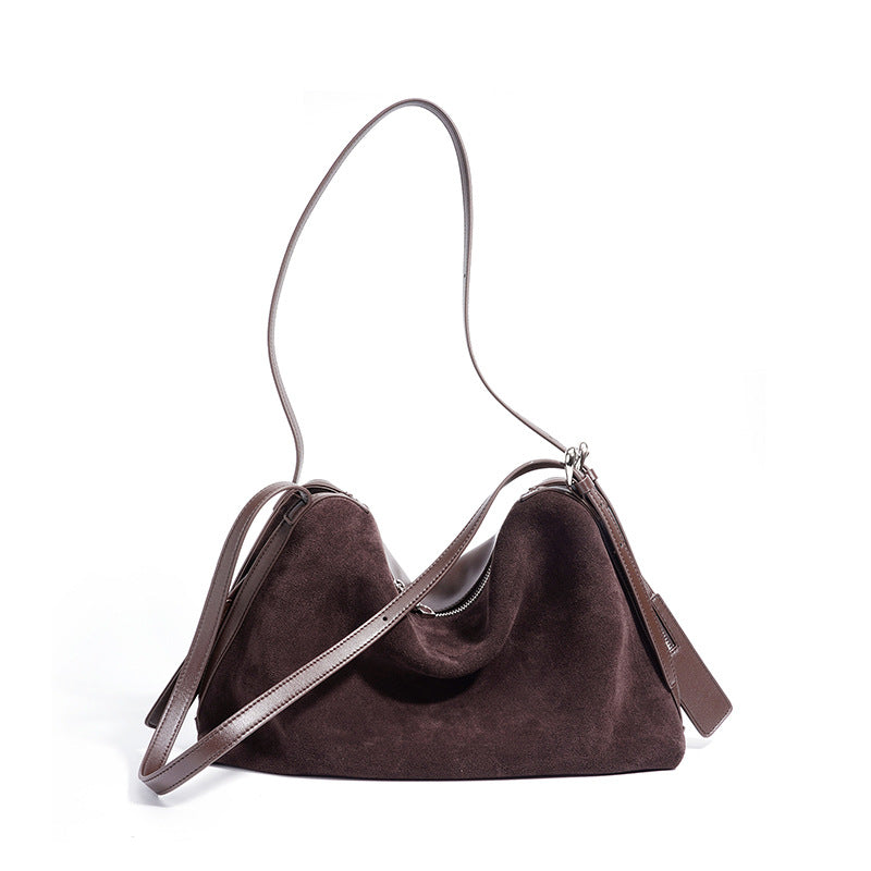 Genuine Matte Suede Leather Boston Tote Bag for Women, New Vintage Large Capacity Shoulder Top Handle Purse, Fashionable Versatile Everyday Handbag for Ladies