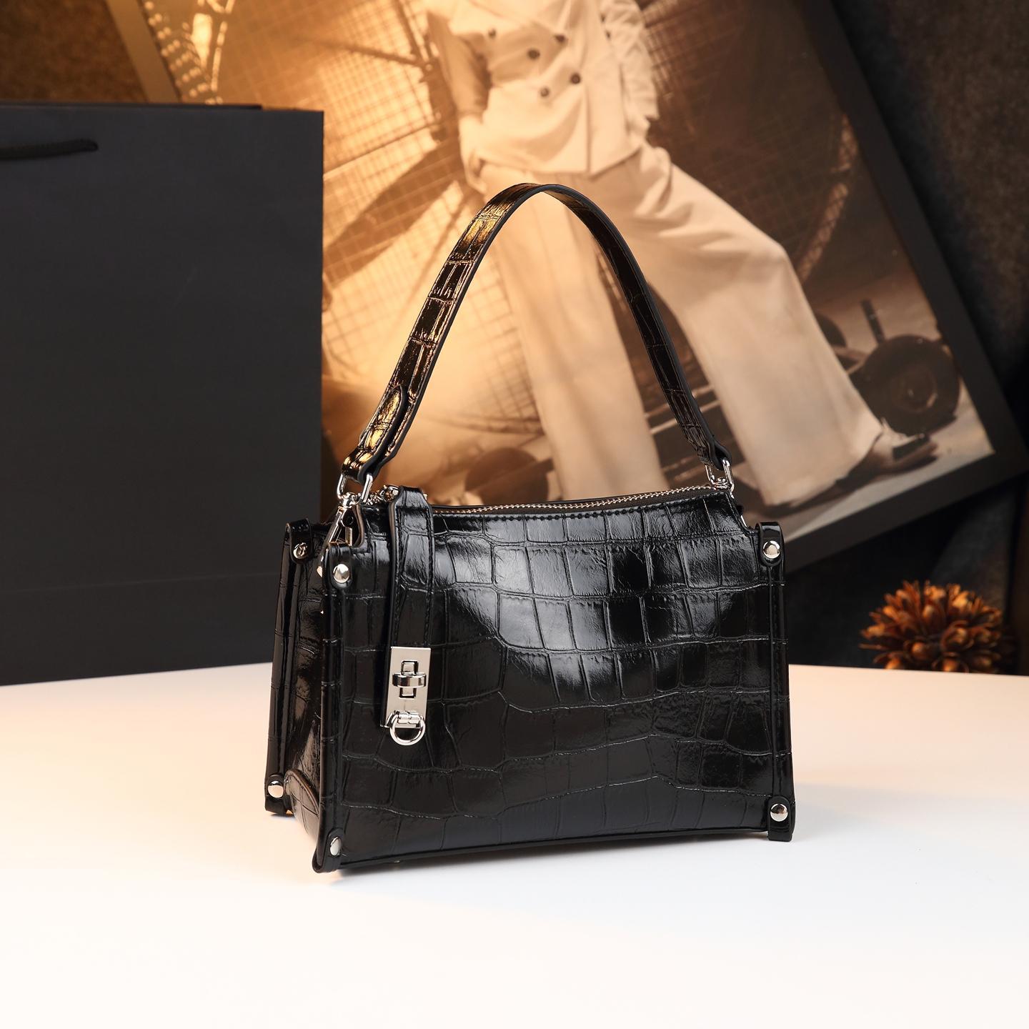New Arrival Vintage Croc-Effect Genuine Leather Box Bag for Women, A Fashionable Top-Handle Crossbody Shoulder Handbag with Versatile Design