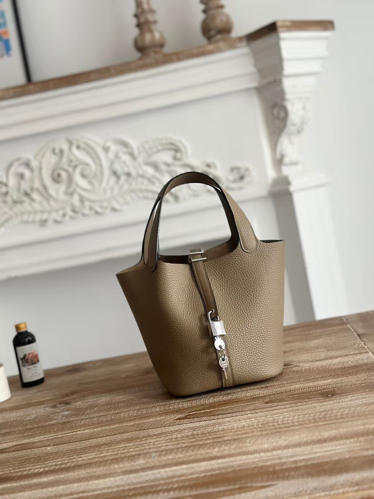 Genuine TC Cowhide 18cm Basket Bucket Bag for Women, Hermès-Style High-Quality Top Handle Handbag, New Premium Leather Purse for Ladies