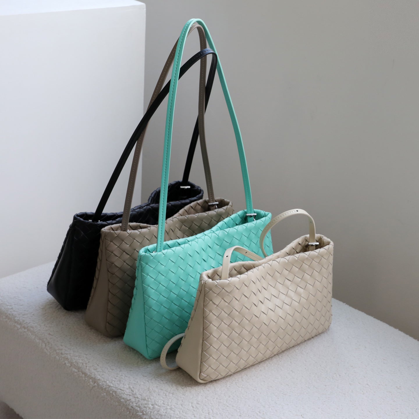 Sheepskin Woven Mini Square Bag for Women Double Strap Shoulder Crossbody Handbag, Premium Genuine Leather Purse with Artisan Texture