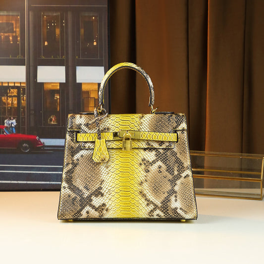 New Arrival Snake-Effect Kelly-Inspired Business Commuter Bag for Women, A Large Capacity Vintage Top-Handle Crossbody Handbag with Premium Design, Perfect for Moms
