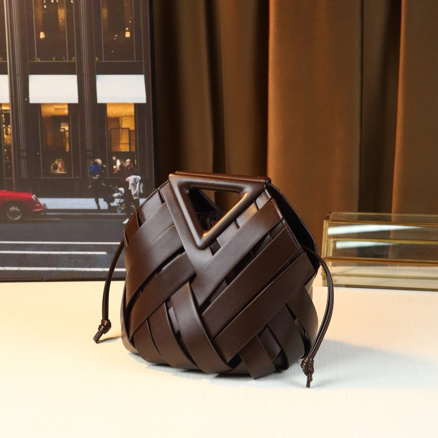 Woven Hollow Basket Bucket Bag for Women Genuine Leather Shoulder Crossbody Handbag, Fashionable Purse with Natural Artisan Texture
