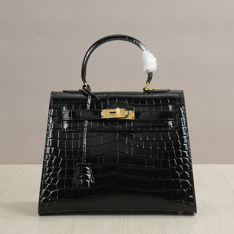Light Luxury Women's Genuine Leather Kelly Style Small Handbag Crossbody Shoulder Bag with Crocodile Embossed Trendy New Design
