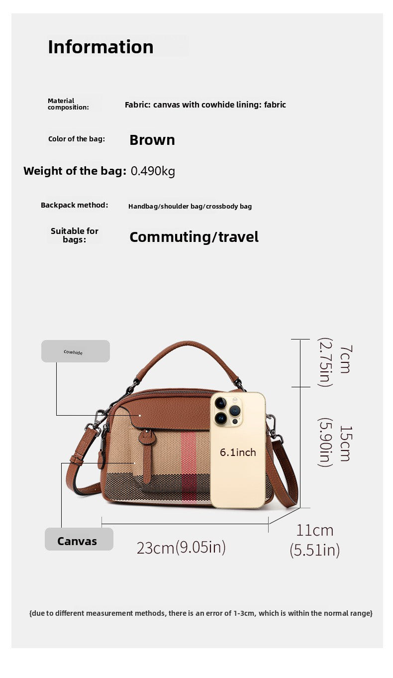 Genuine Leather Classic Plaid Handbag for Women, New Vintage Small Square Crossbody Shoulder Purse, Simple Casual Student Bag for Ladies
