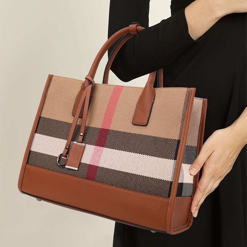 New Premium Leather Trim Plaid Tote Bag, Large Capacity Casual Shoulder Handbag, Fashionable Everyday Purse for Women