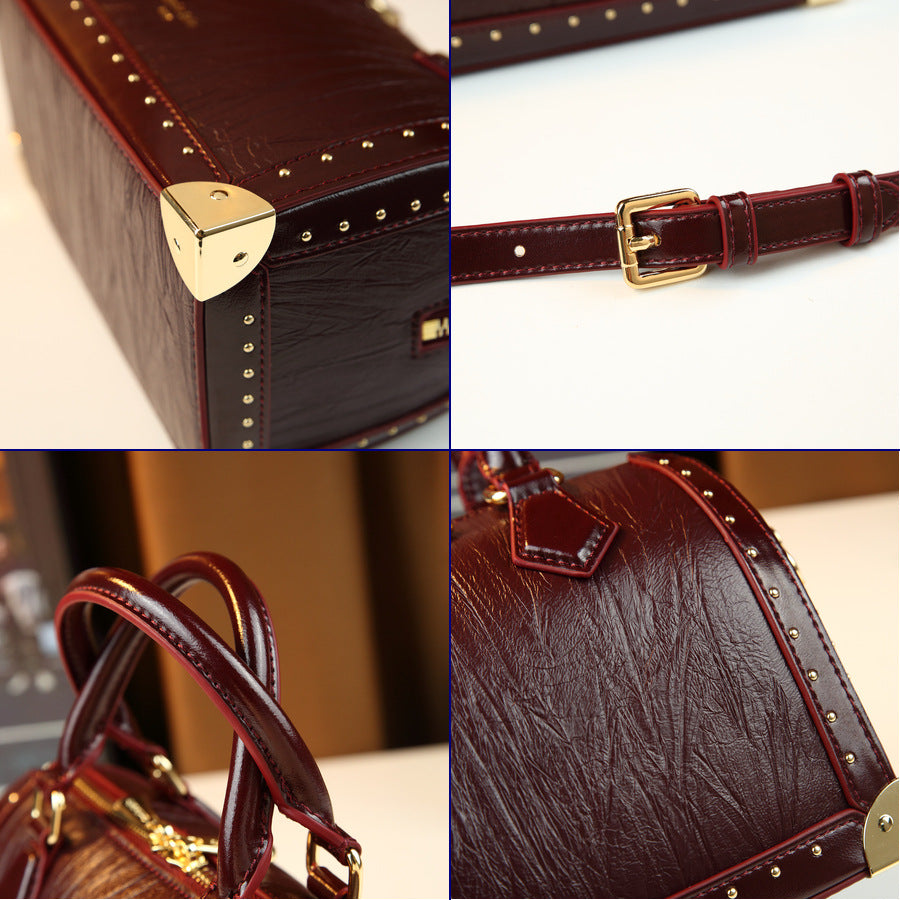 Studded Boston Pillow Bag for Women Vintage Commuter Top Handle Shoulder Crossbody Purse with Premium Hardware Accent