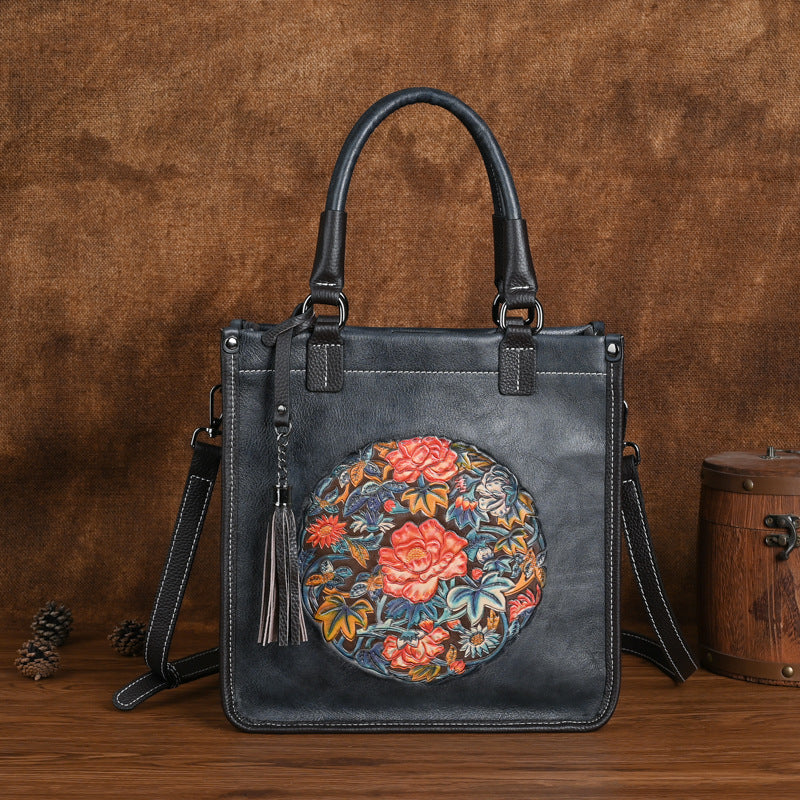 Genuine Top Layer Cowhide Chinese Classical Handbag for Women, Vintage Retro Small Square Crossbody Shoulder Top Handle Purse, Trendy Oriental Style Bag for Ladies