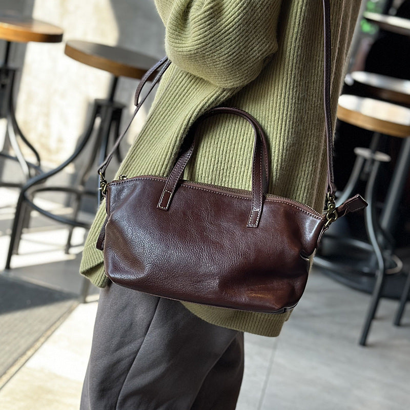 Genuine Top Layer Cowhide Dumpling Bag for Women, Exquisite Shoulder Crossbody Purse, Vegetable-Tanned Pleated Top Handle Handbag, Chic Everyday Bag for Ladies