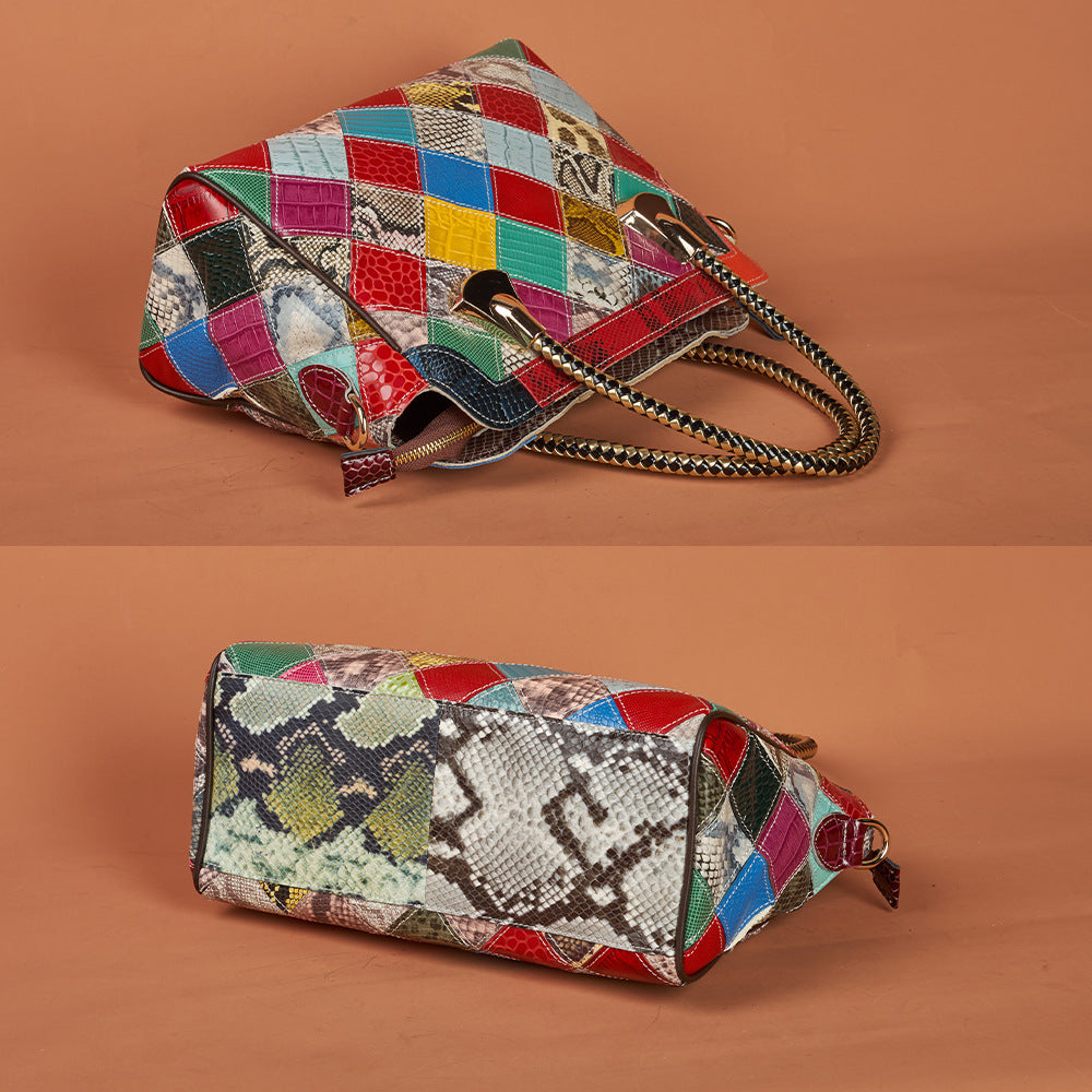 Genuine Leather Vintage Handmade Color Block Plaid Snakeskin Handbag for Women, Top Handle Crossbody Purse, Unique Retro Designer Bag for Ladies