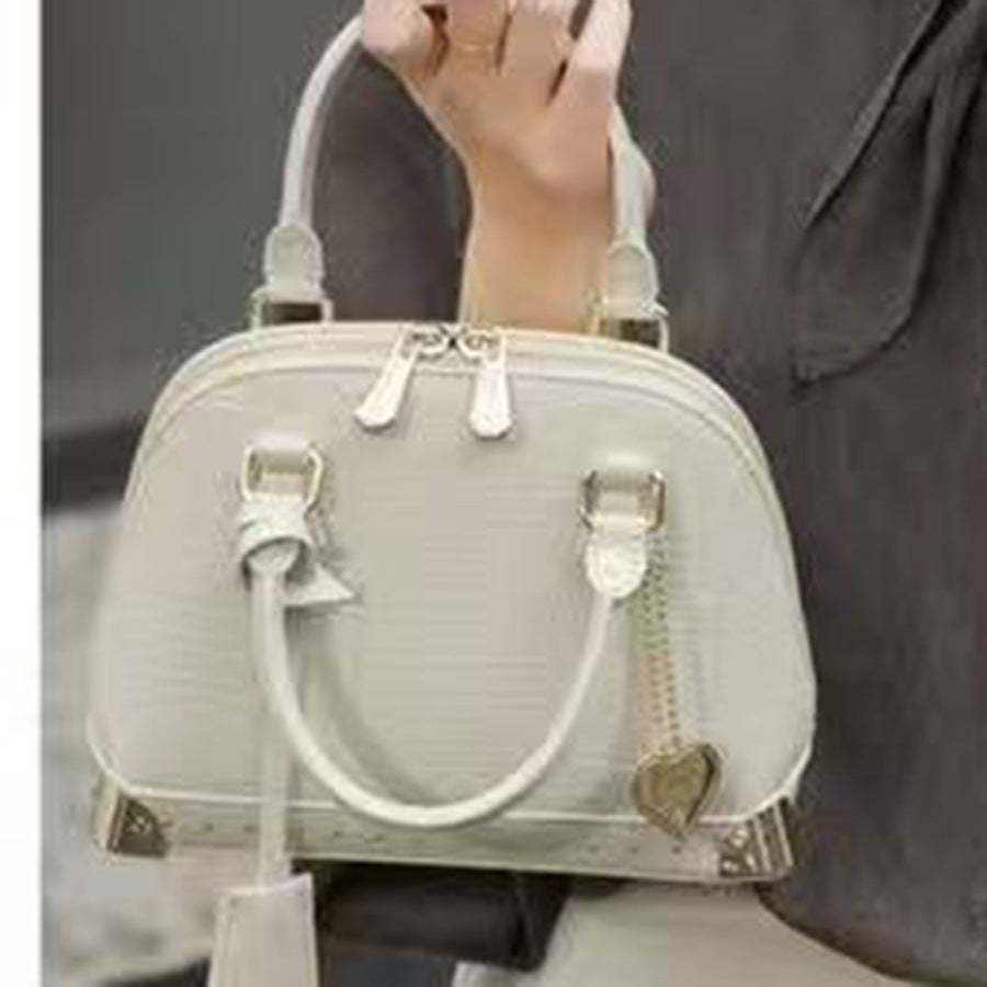 Chic French Style Croc-Effect Shell Bag for Women, A Light Luxury Structured Top-Handle Handbag with Metal Stud Details & Heart Charm, Versatile Shoulder Crossbody Purse