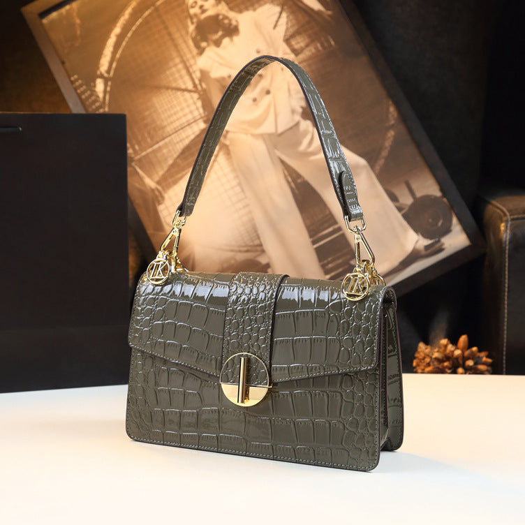 New Arrival Croc-Effect Genuine Leather Small Square Bag for Women, A Patent Leather Top-Handle Crossbody Shoulder Handbag with Fashionable Stylish Design