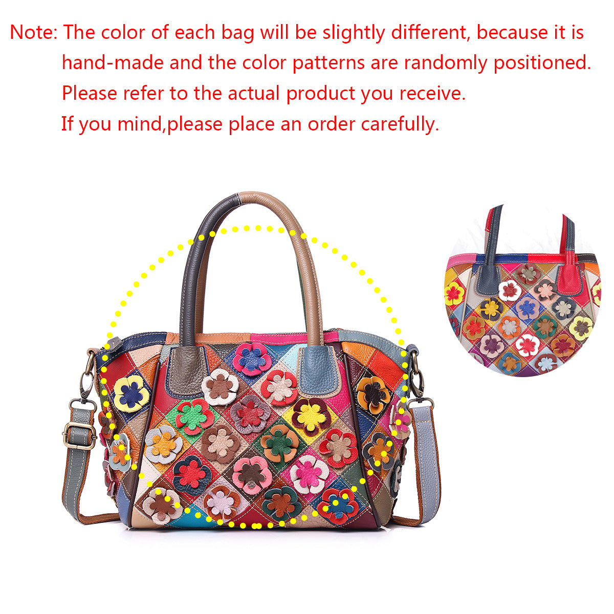 Genuine Leather European Casual Ethnic Vintage Handbag for Women, Handmade Colorful Floral Shoulder Crossbody Top Handle Purse, Boho Designer Bag for Ladies