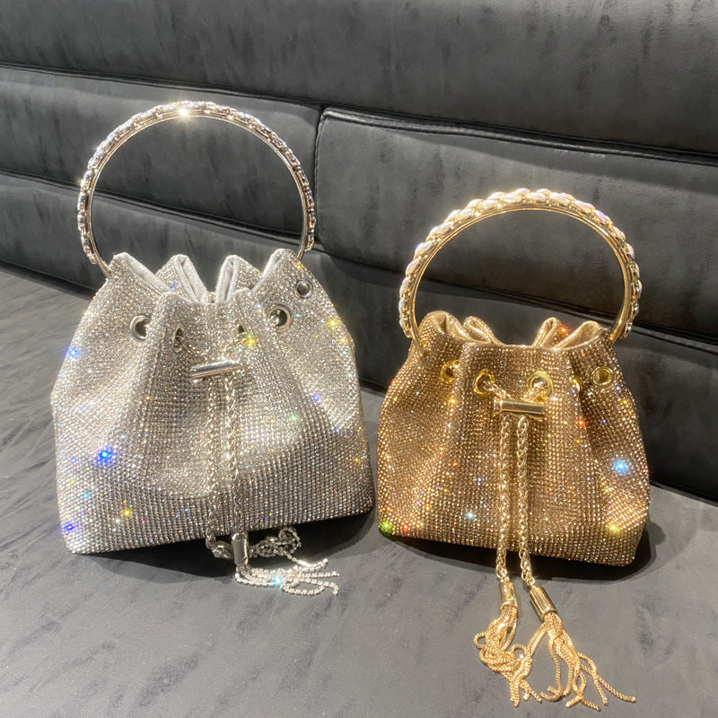 New Rhinestone Bucket Bag with Round Handle, Chain Shoulder & Crossbody Small Diamond Bag