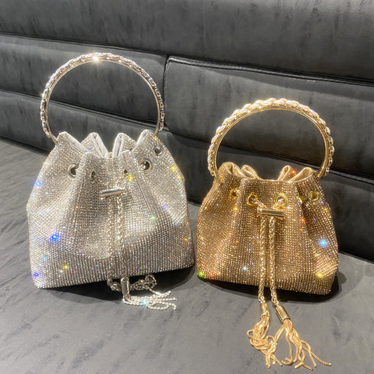 New Rhinestone Bucket Bag with Round Handle, Chain Shoulder & Crossbody Small Diamond Bag