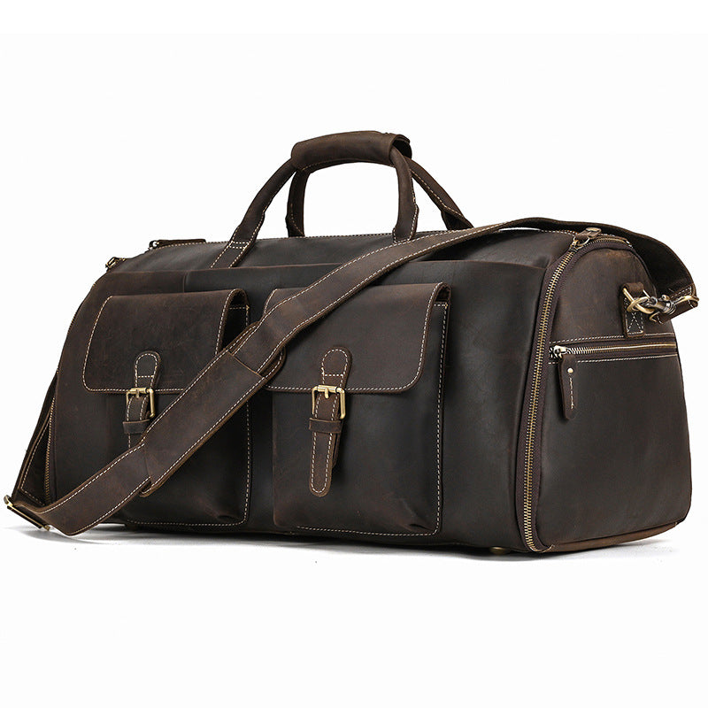 20-Inch Crazy Horse Leather Suit Garment Duffle Bag, Large Capacity Travel Weekender, Shoulder Crossbody Luggage for Men