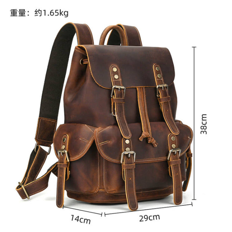 Large Capacity Crazy Horse Leather Flap Backpack, Original Outdoor Travel Daypack, Unique Top Layer Cowhide Rucksack for Men
