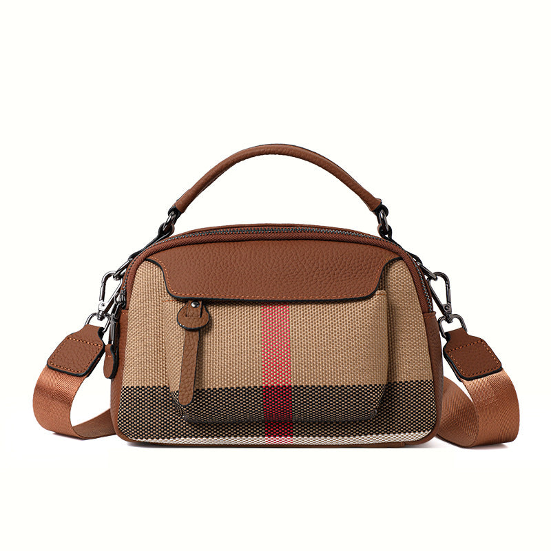 Genuine Leather Classic Plaid Handbag for Women, New Vintage Small Square Crossbody Shoulder Purse, Simple Casual Student Bag for Ladies