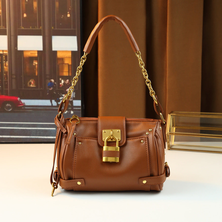 Y2K Style Lock Chain Tote Bag for Women Vintage Soft Leather Large Capacity Shoulder Crossbody Handbag with Trendy Hardware Accent