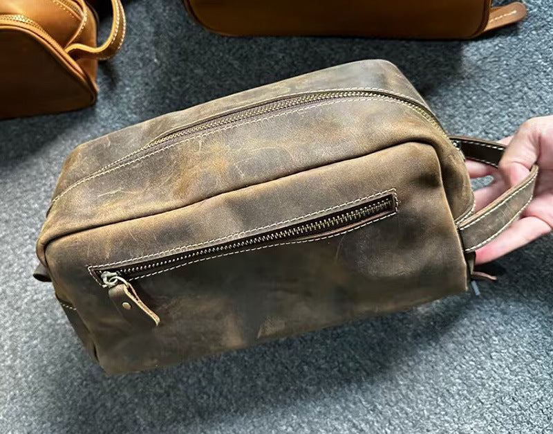 Crazy Horse Leather Toiletry Travel Clutch, Casual Cosmetic Storage Bag, Versatile Organizer Pouch for Men and Women
